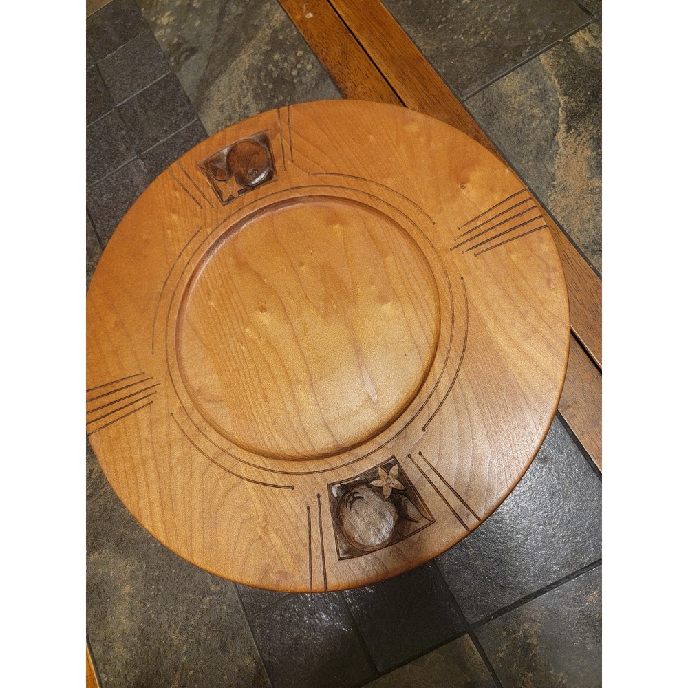 Vtg Hand Turned 14" Carved Birch Wood Platter Snack Plate Apple Carvings Signed - Picture 11 of 11